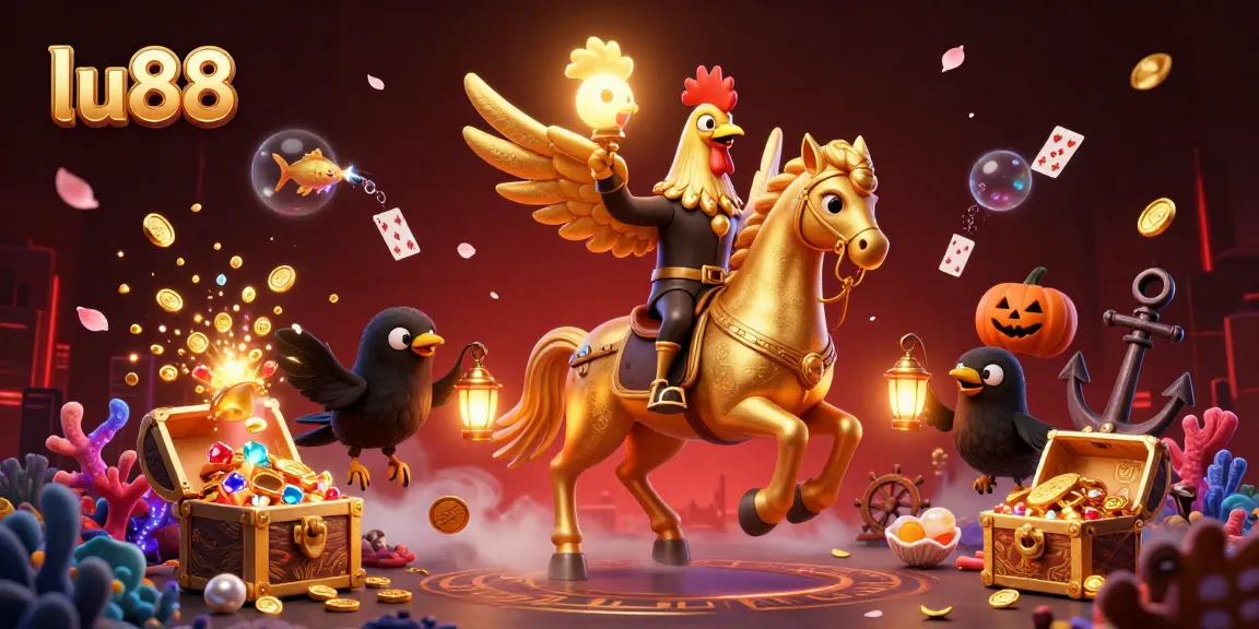 lu88 showcases a vibrant casino scene with a golden rooster riding a spectral horse surrounded by treasures and game elements.