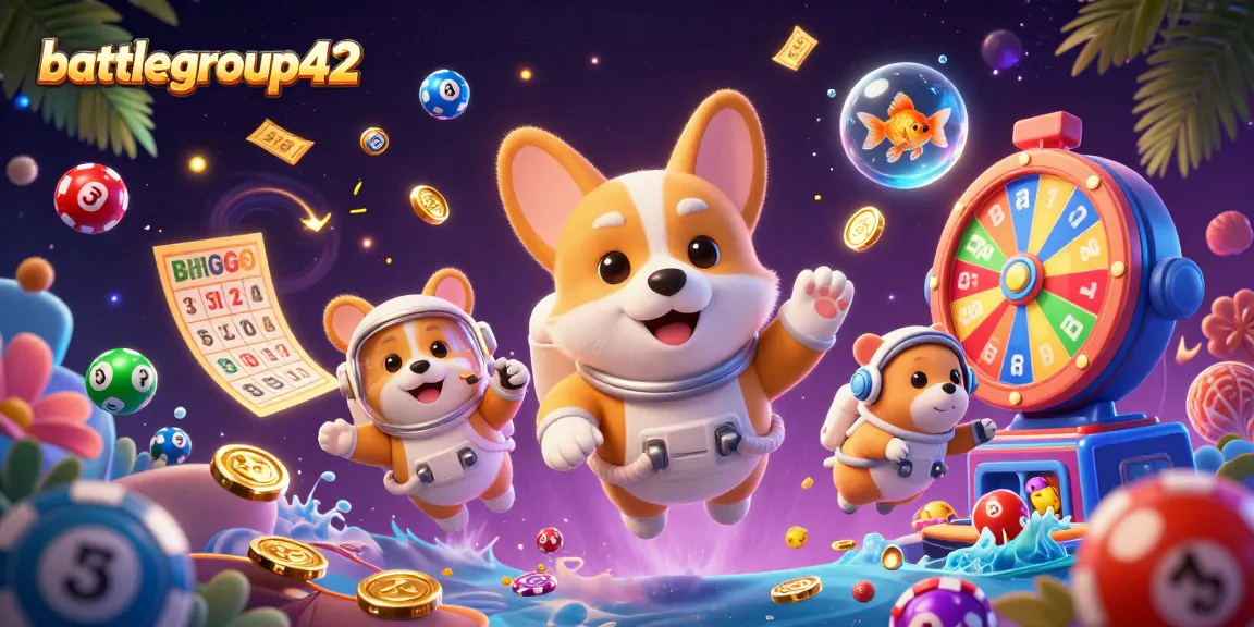Experience vibrant casino action with battlegroup42 in a dynamic 3D illustration featuring cartoon characters and gaming elements.