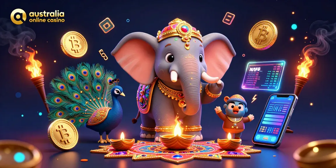 Engage with the vibrant australia online casino scene featuring a colorful elephant, peacock, and crypto elements.