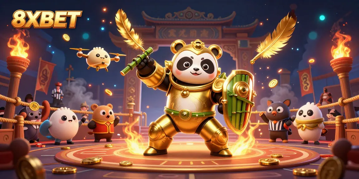 Experience the thrill of 8XBET in a dynamic casino arena with a mech-suit golden panda battling amidst cheering spectators.