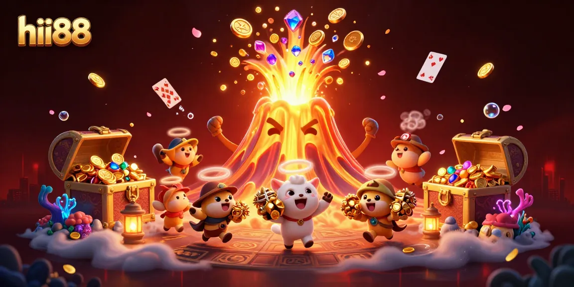 Players win treasures at hii88 with a vibrant casino-themed illustration showcasing a volcano erupting coins.