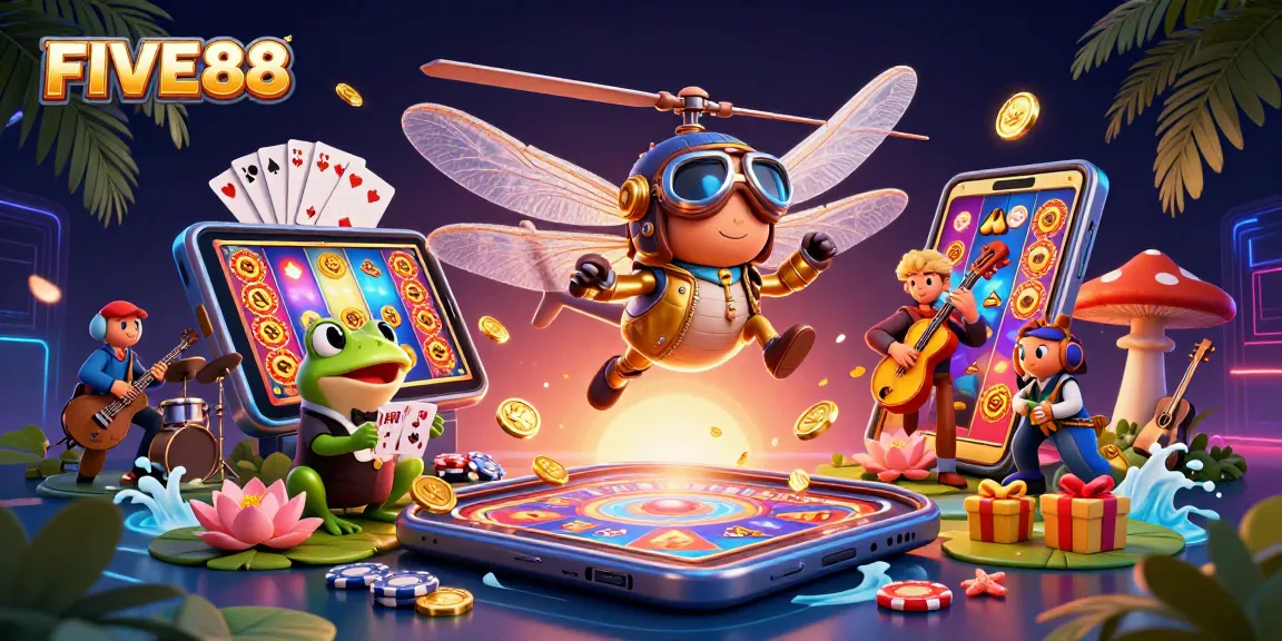Experience the excitement of FIVE88 with a vibrant 3D casino scene featuring dynamic characters and games.