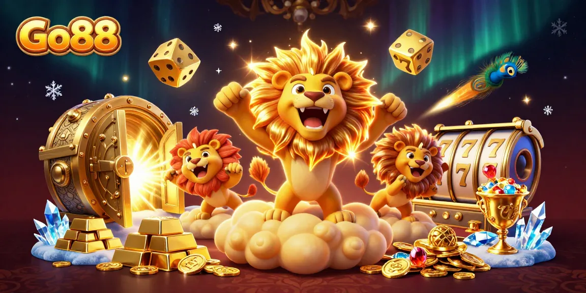 Experience the thrill at Go88 with captivating 3D casino art featuring a sun lion and golden dice.