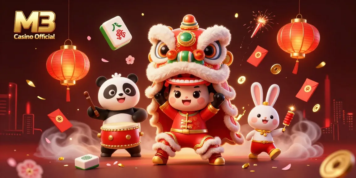 M3 Casino Official brings vibrant excitement with a lion dance, drumming panda, and festive decorations.