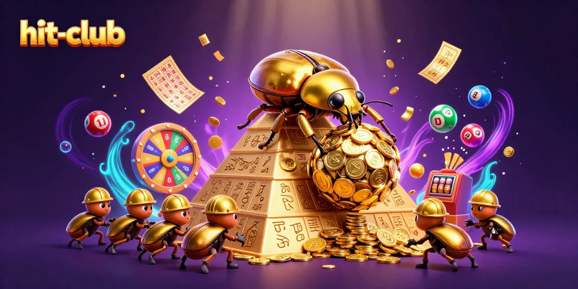 Engage with hit-club’s vibrant lottery-themed 3D illustration showcasing golden beetles, dynamic winning elements, and exciting casino energy.