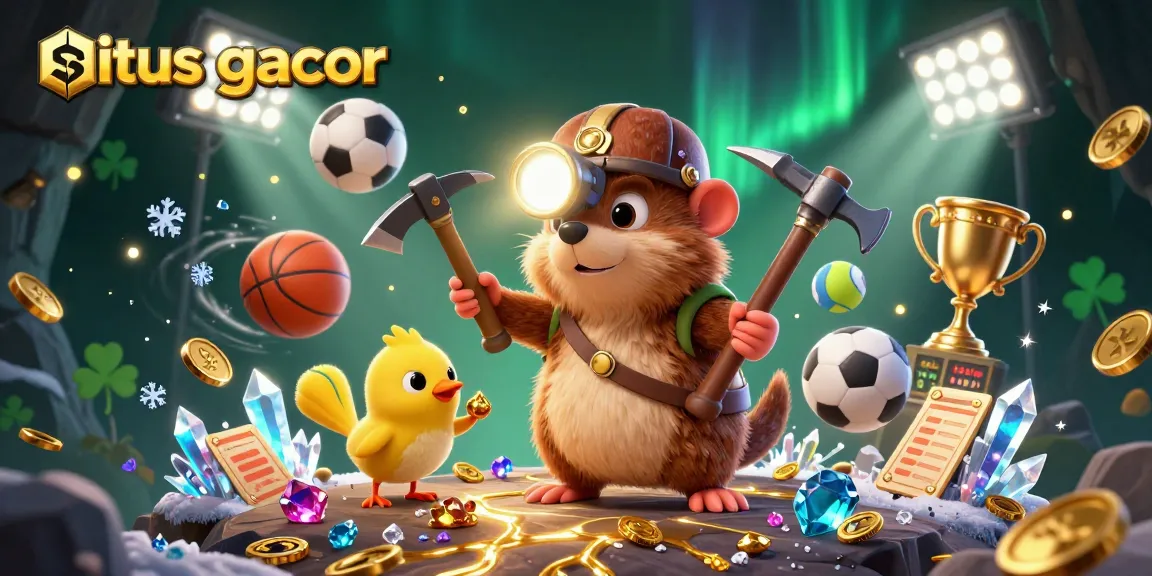 Situs gacor showcases a cartoon mole mining gems with sports elements and vibrant details in a dynamic scene.