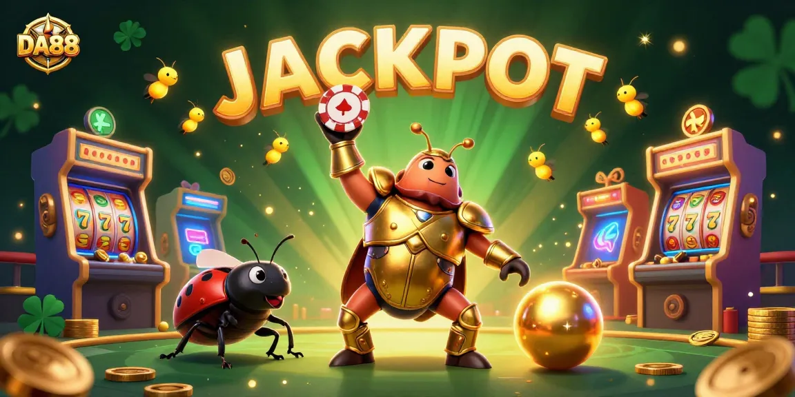 DA88 showcases a victorious beetle lifting a poker chip, surrounded by vibrant casino elements.