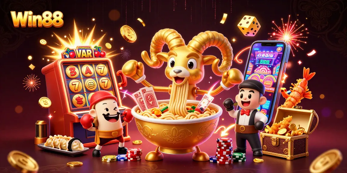 Win88 features a vibrant casino scene with a golden ramen bowl and animated game elements.